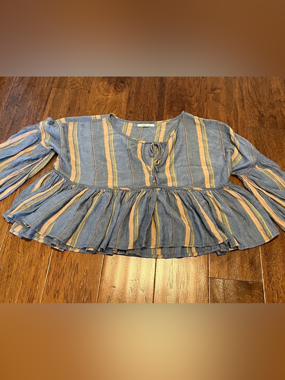 O'Neill Blue and Tan Striped Peplum Tie-Front Blouse